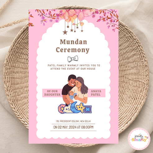 Pink and brown mundan ceremony Invite