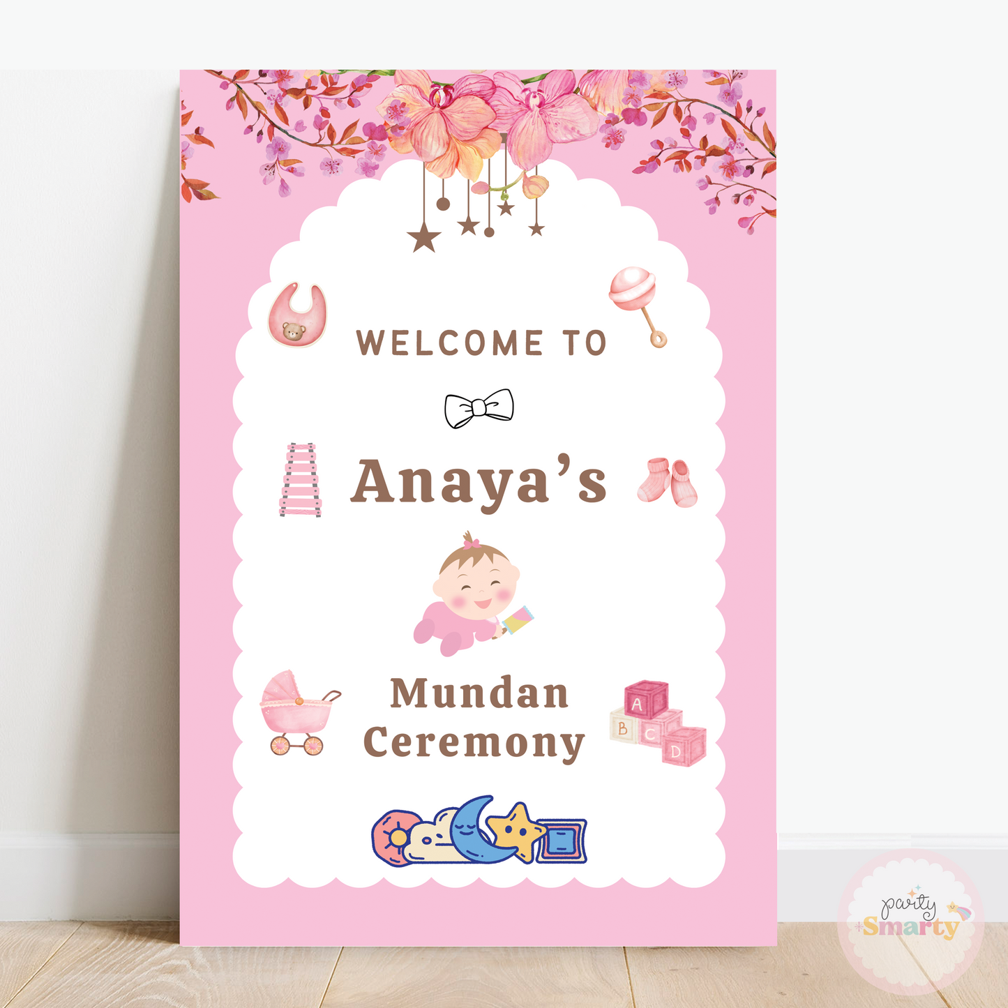 Pink and white mundan ceremony Welcome Board