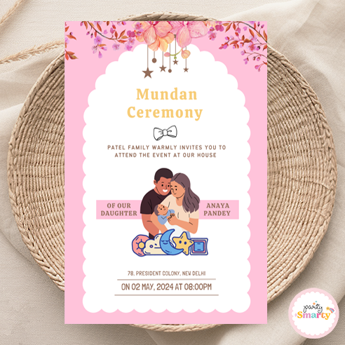 Pink and orange mundan ceremony Invite