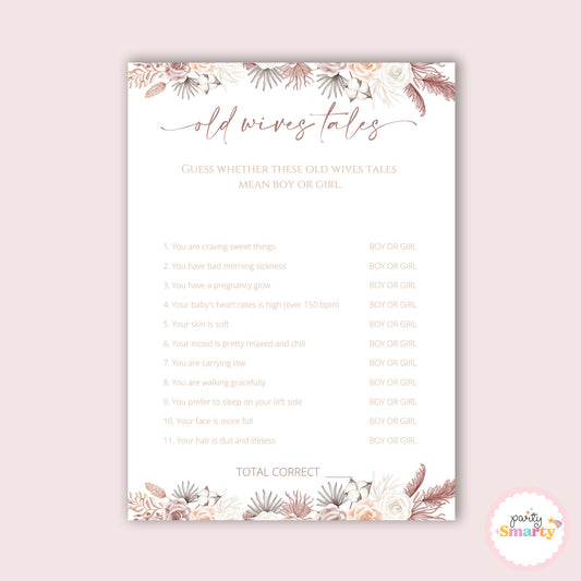 Boho Baby Shower - Old wives tales game - Set of 10
