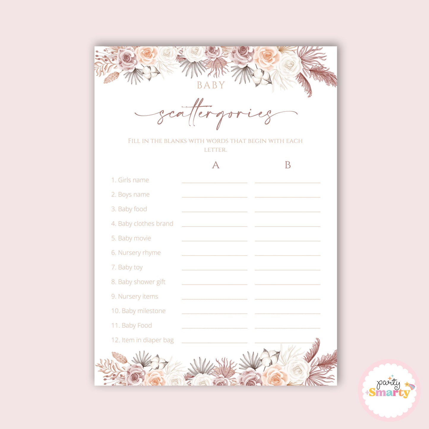 Boho Baby Shower - Scattergories game - Set of 10