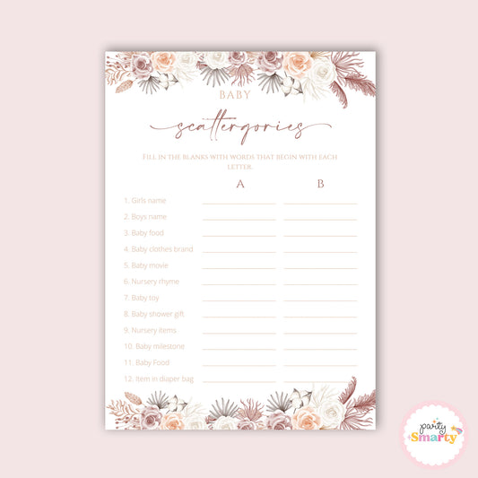 Boho Baby Shower - Scattergories game - Set of 10