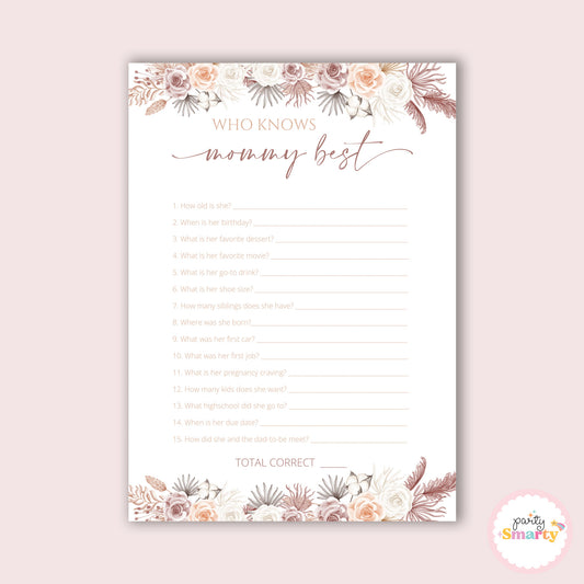 Boho Baby Shower - Who knows mommy best game - Set of 10